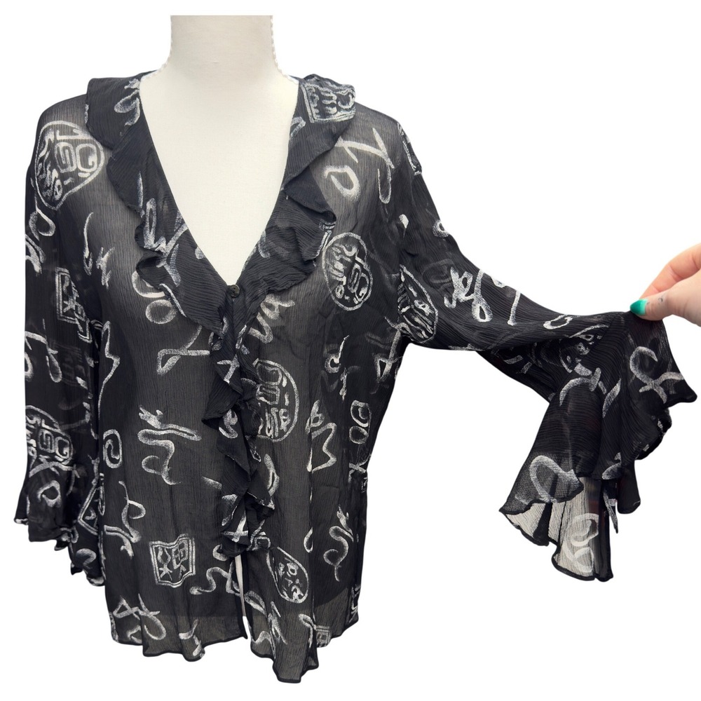 Chicos Design Black White Silk Calligraphy Print Ruffle Bell Sleeve Blouse 2 L